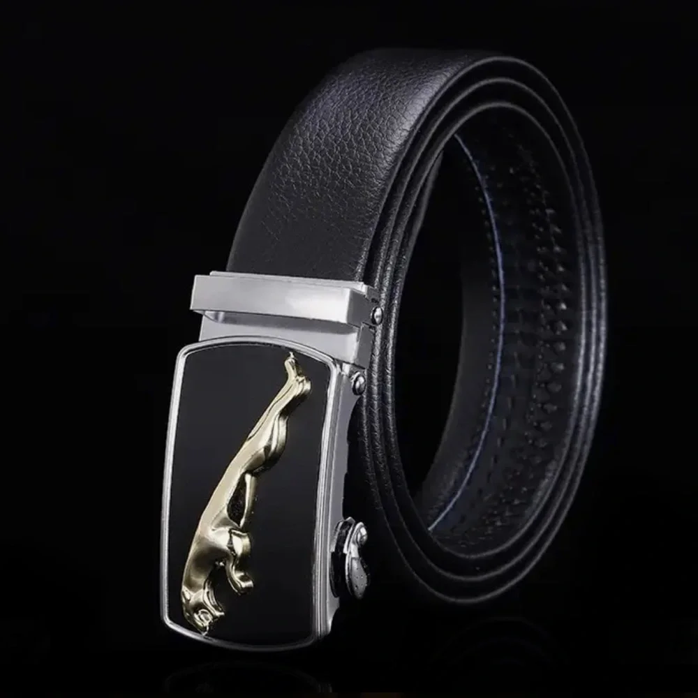 Designer Silver Black Leather Mens Adjustable Ratchet Belt